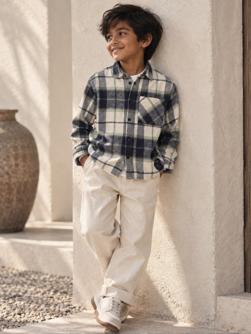 Zara Boys Plaid Flannel Shirt Navy Green Cream 9-10Y 140 100% Cotton